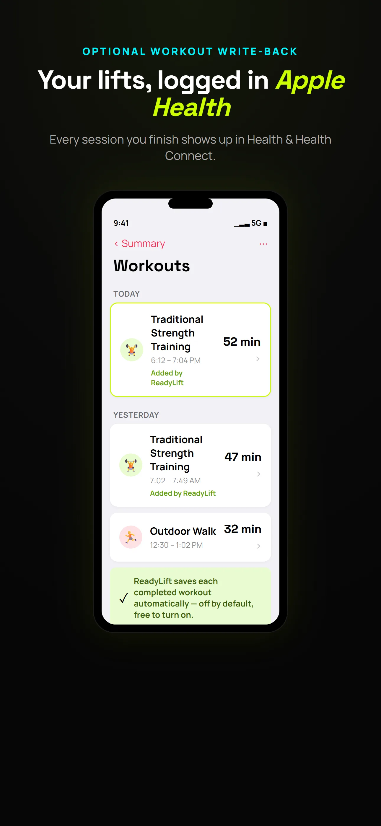 Workouts saved to Apple Health and Health Connect