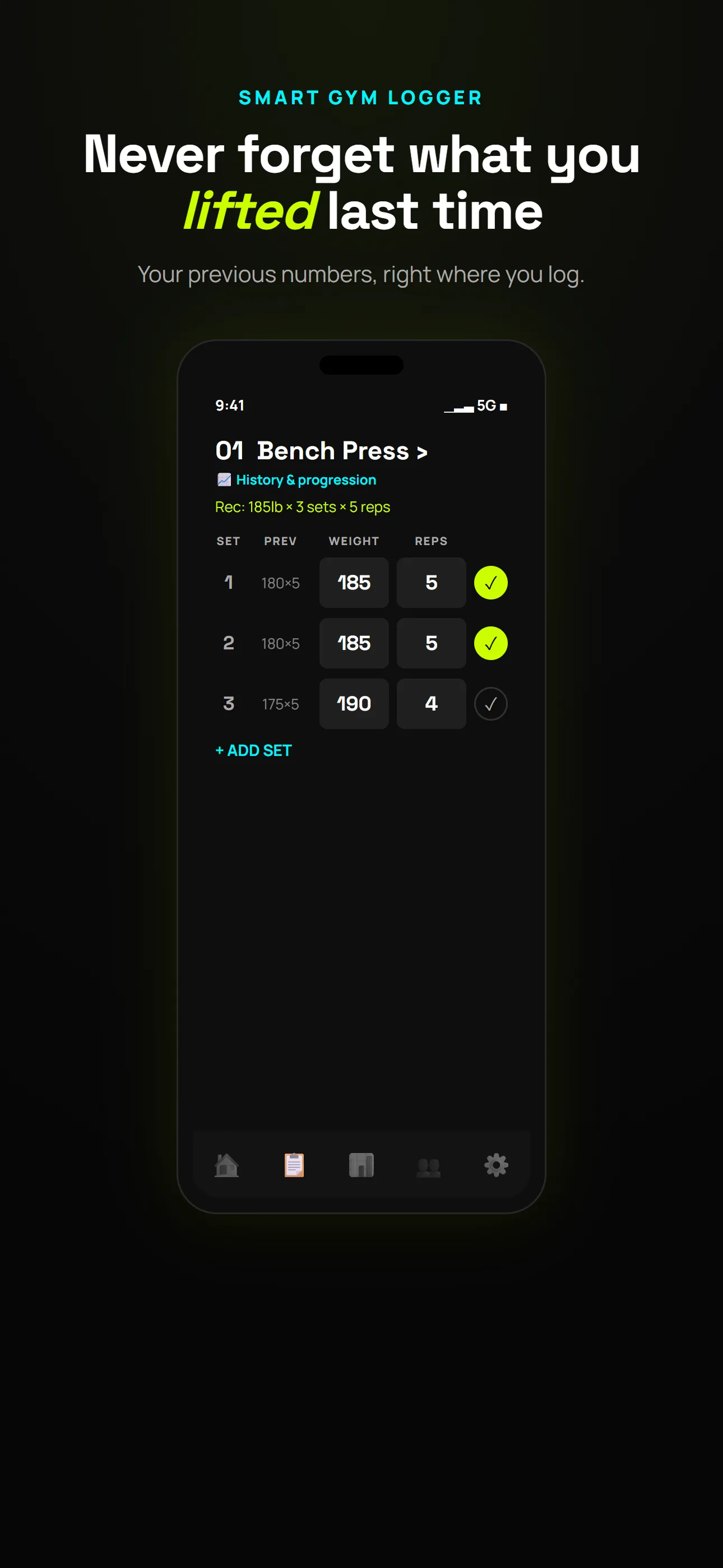 Smart gym workout logger with previous-set numbers