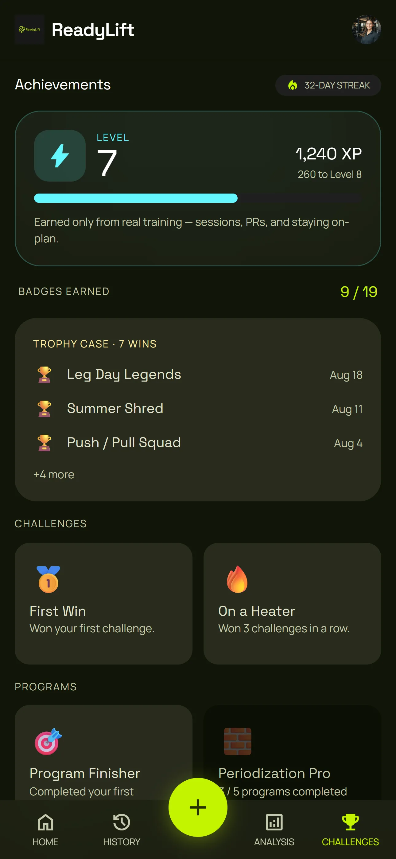 Keep a trophy case of challenge wins, streaks and milestone badges