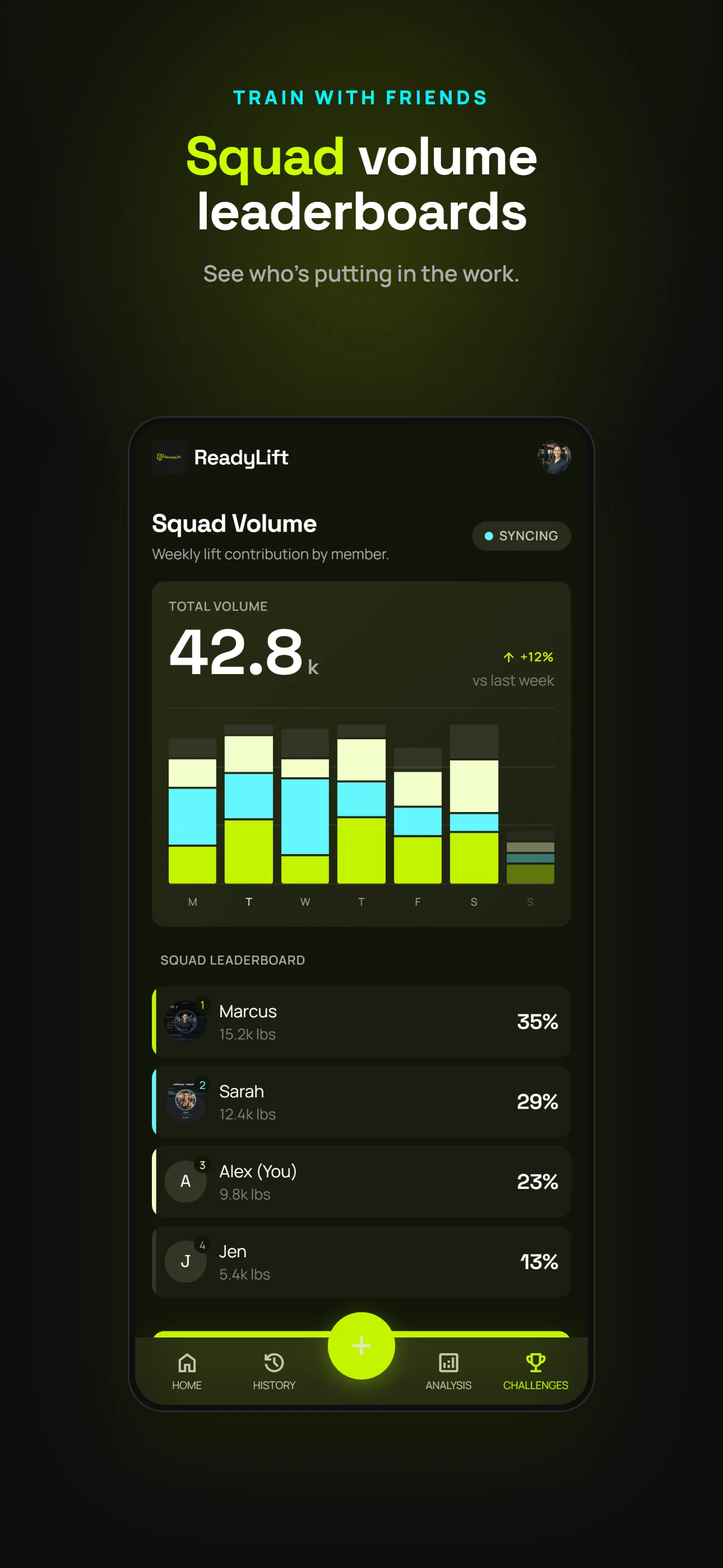 Squad volume leaderboards — train with friends in private challenges