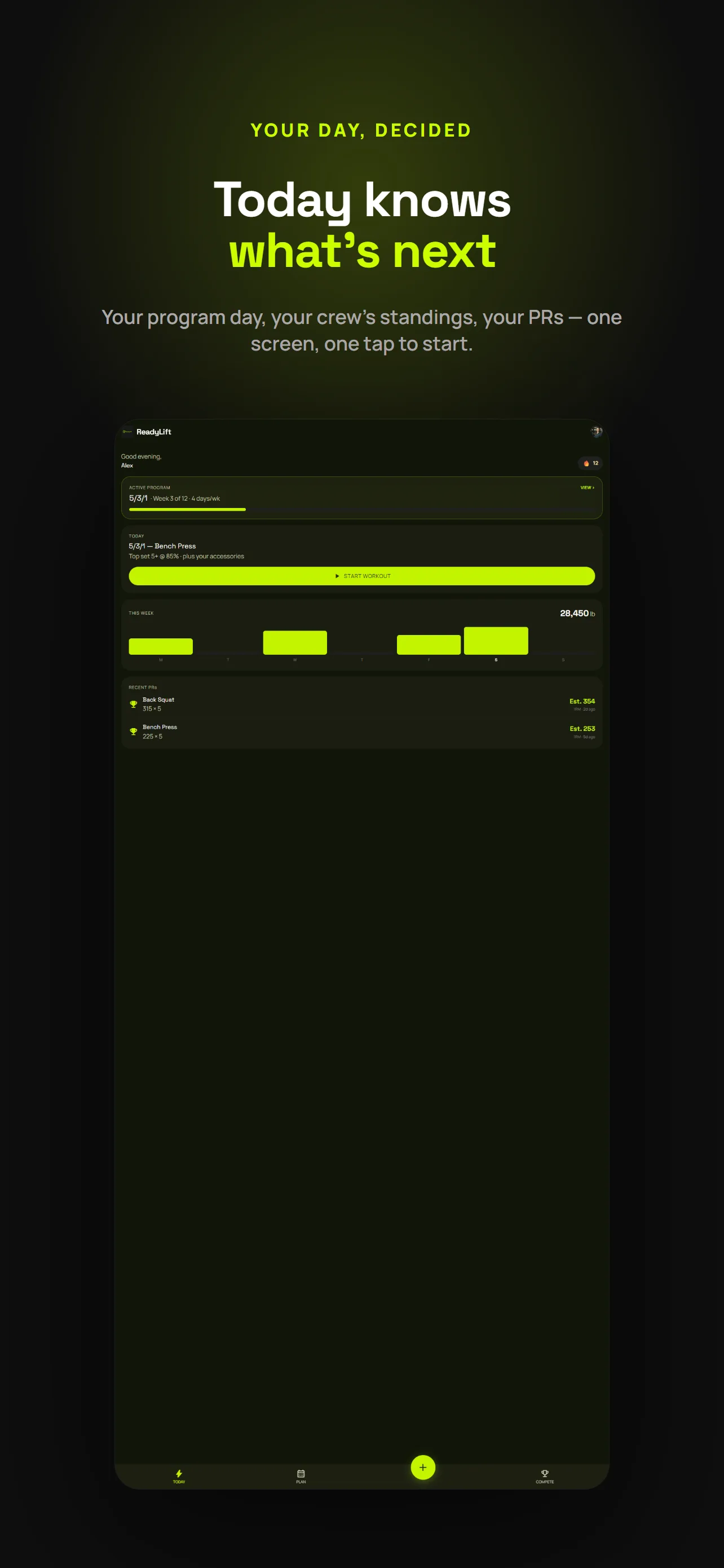 Your program day and your crew's challenge standings on one screen — one tap to start